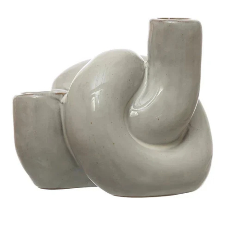 Stoneware Double Taper Candle Holder – Reactive Glaze White Finish (Each Piece Unique)