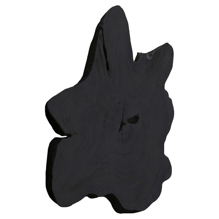 A black wood piece stands vertically