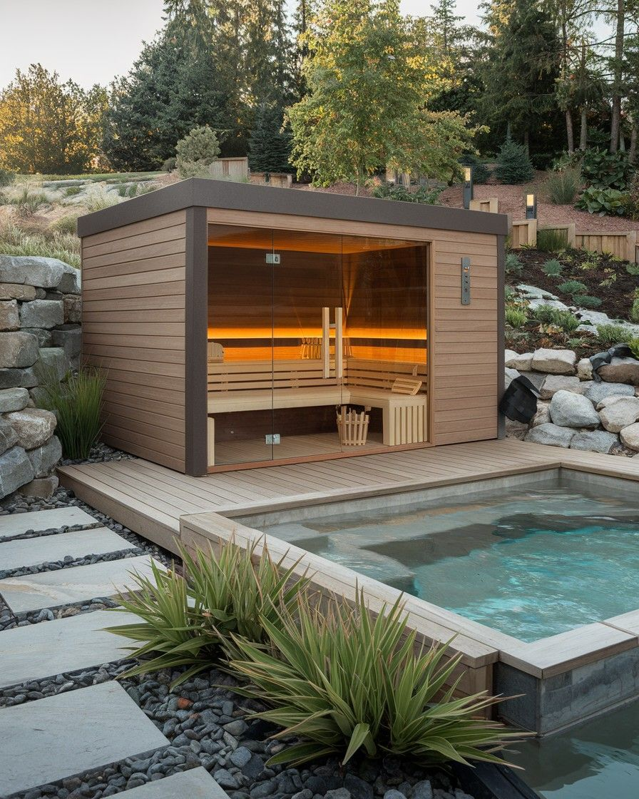 Outdoor sauna and pool