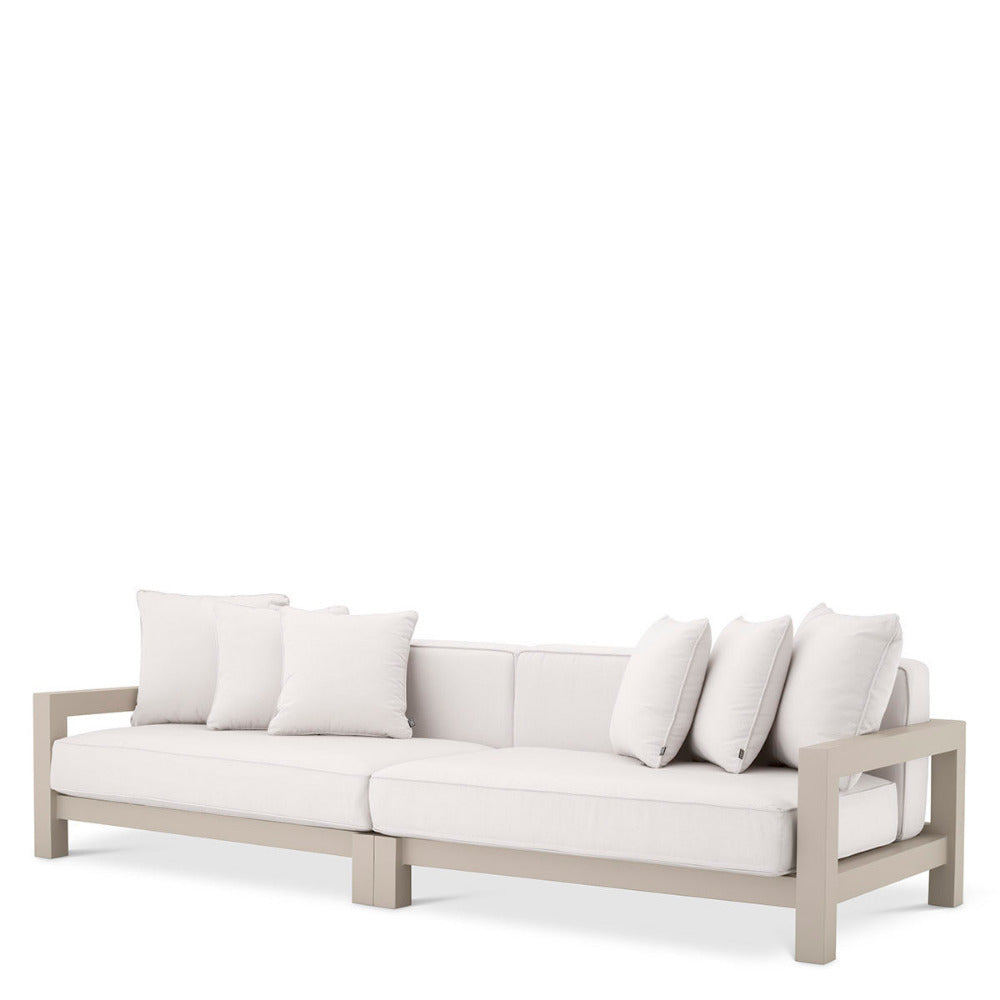 White outdoor sofa with light wood frame on a white background