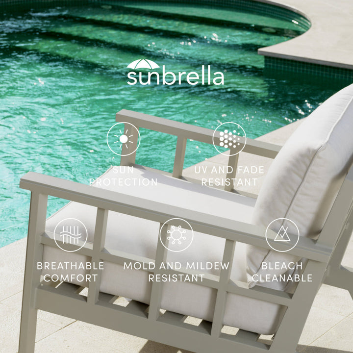 Chair with white cushions by a pool, featuring Sunbrella branding and product features.