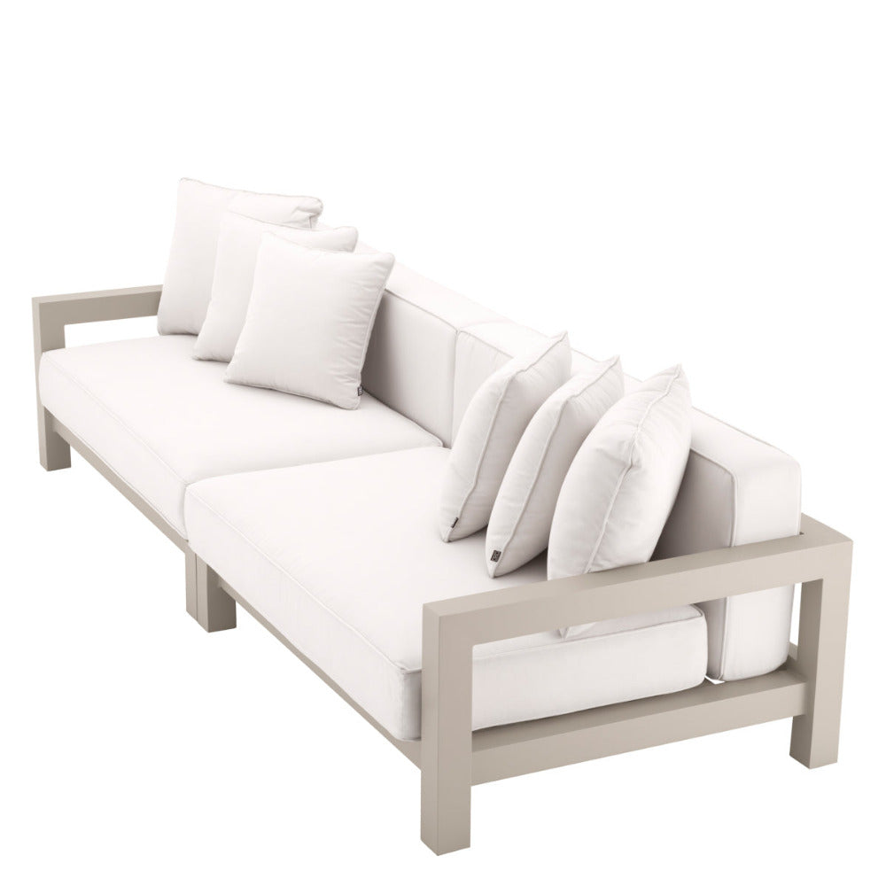 White outdoor sofa with beige frame and cushions on a white background