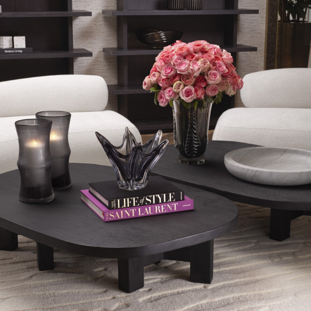 Living room with modern furniture, including a black coffee table with books and a vase of pink flowers.