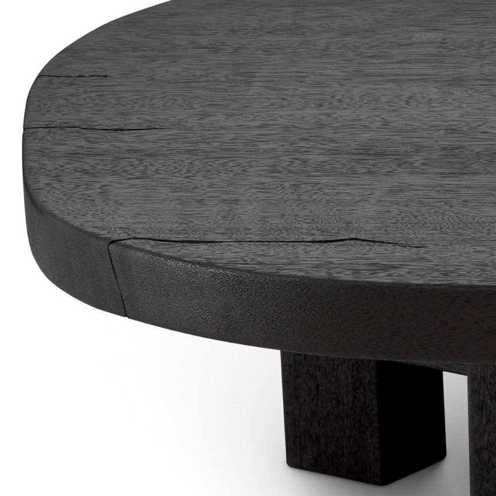Round wooden table with a dark finish on a white background