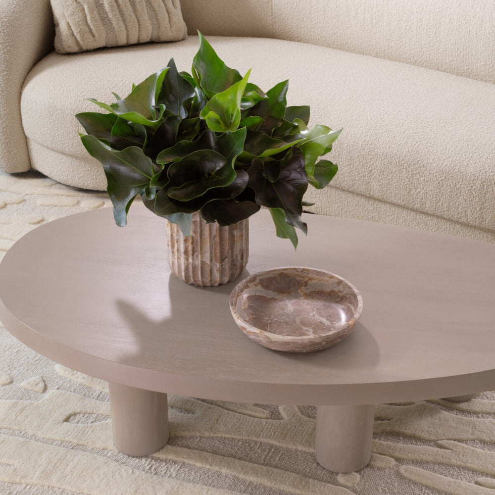Round coffee table with a plant and decorative bowl in a living room setting