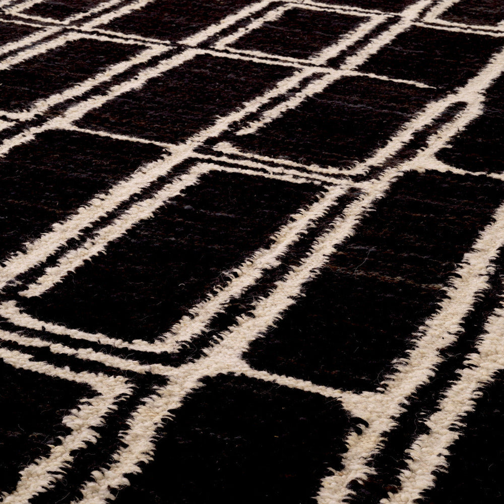 Close-up of a black and white geometric patterned rug