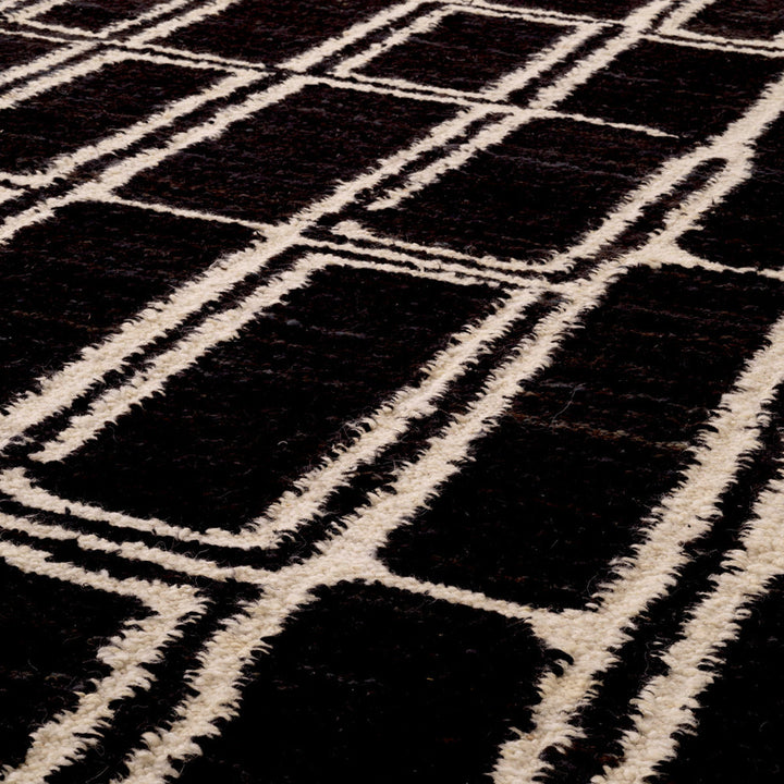 Close-up of a black and white geometric patterned rug