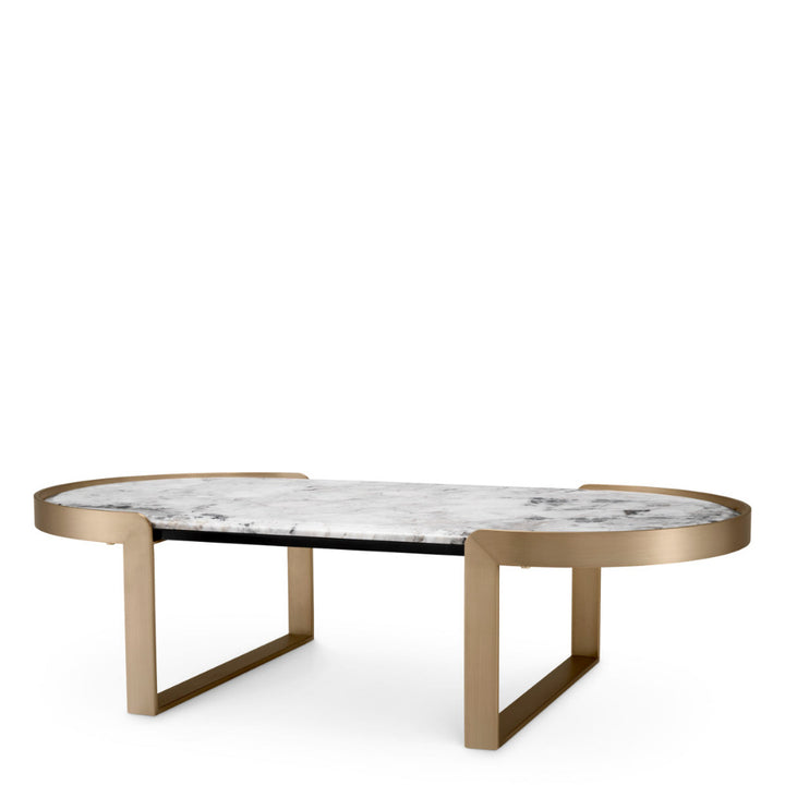 Oval coffee table with marble top and gold metal frame on a white background