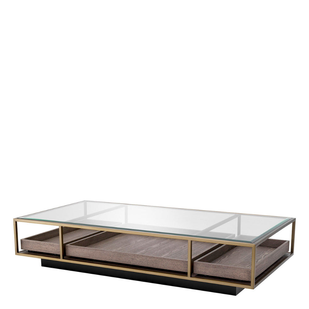 Modern coffee table with glass top and wooden shelves on a white background