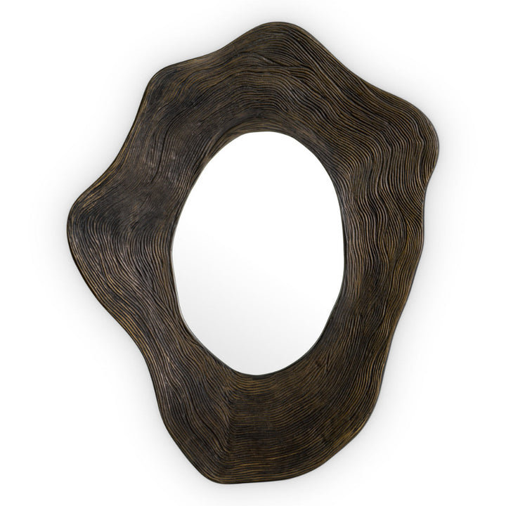 Decorative mirror with wavy brown frame on a white background