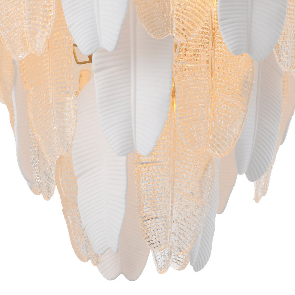 Close-up of clear textured glass chandelier on a white background