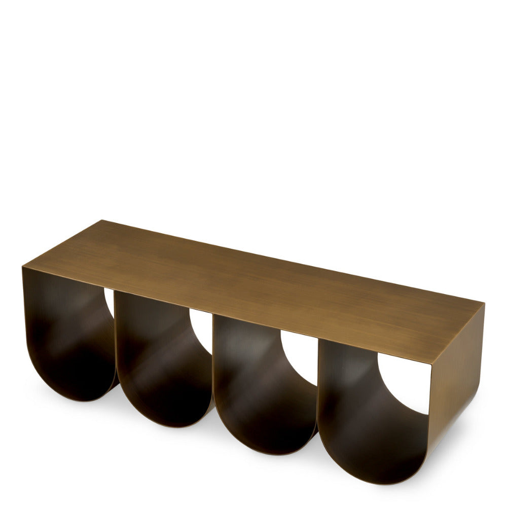 Bronze-colored coffee table with curved legs on a white background