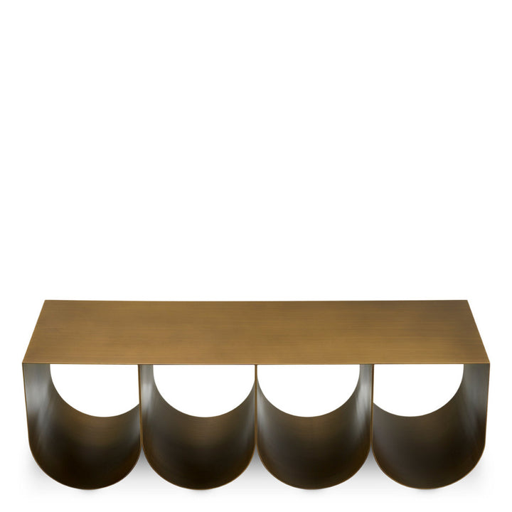 Bronze colored coffee table with unique metal base design on a white background