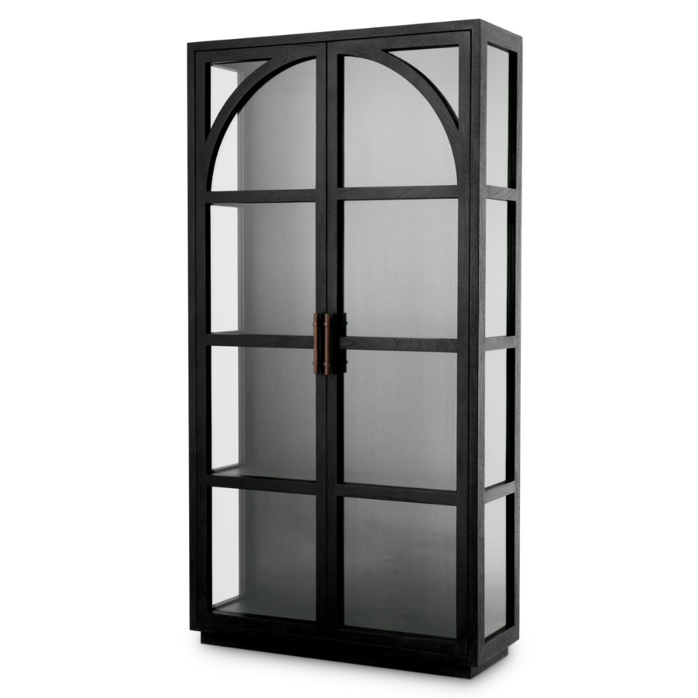 Black glass cabinet with arched top on a white background