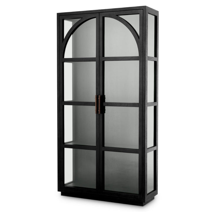 Black glass cabinet with arched top on a white background