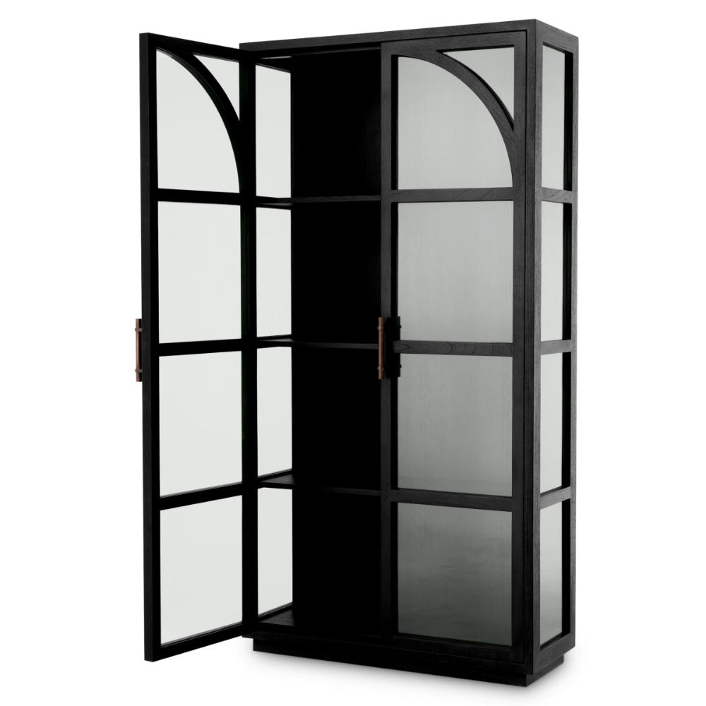 Black glass cabinet with open doors on a white background