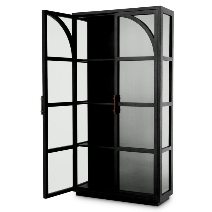 Black glass cabinet with open doors on a white background