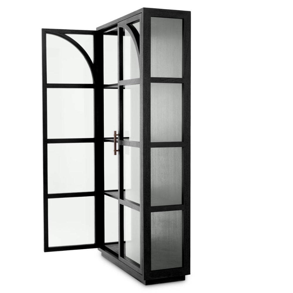 Black glass display cabinet with open door on a white background