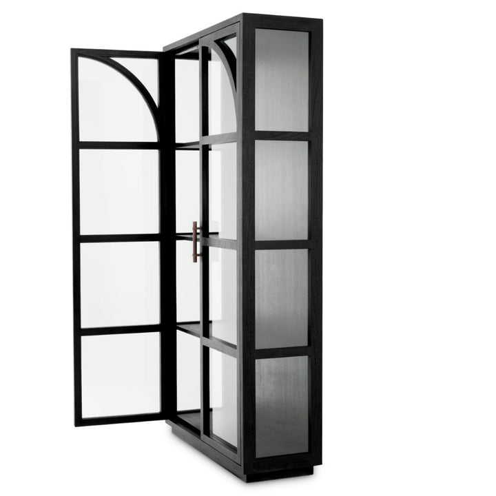 Black glass display cabinet with open door on a white background