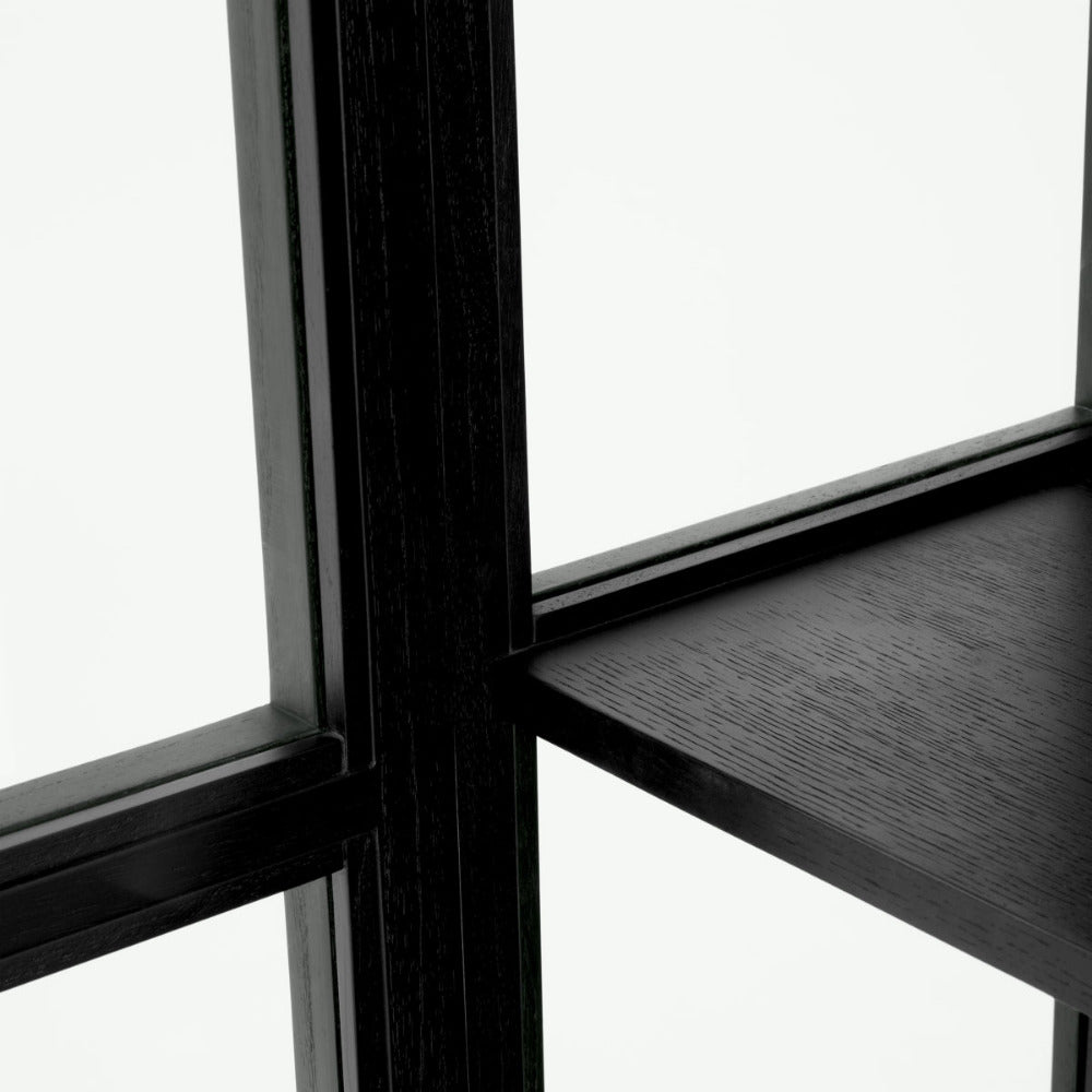Close-up of a cabinet with black frame and glass panels