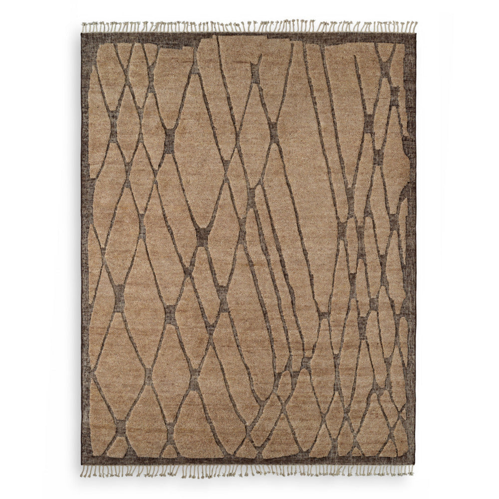 Beige and brown patterned rug with geometric design on a white background