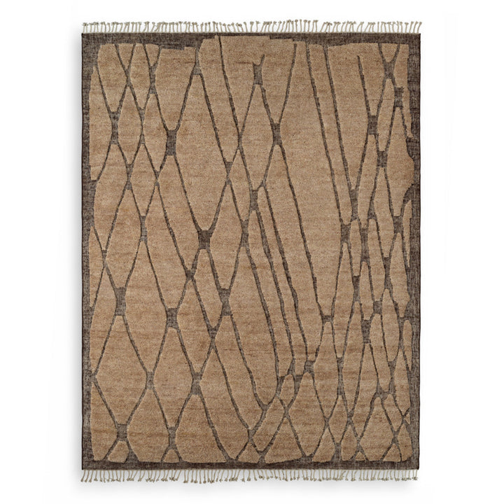 Beige and brown patterned rug with geometric design on a white background