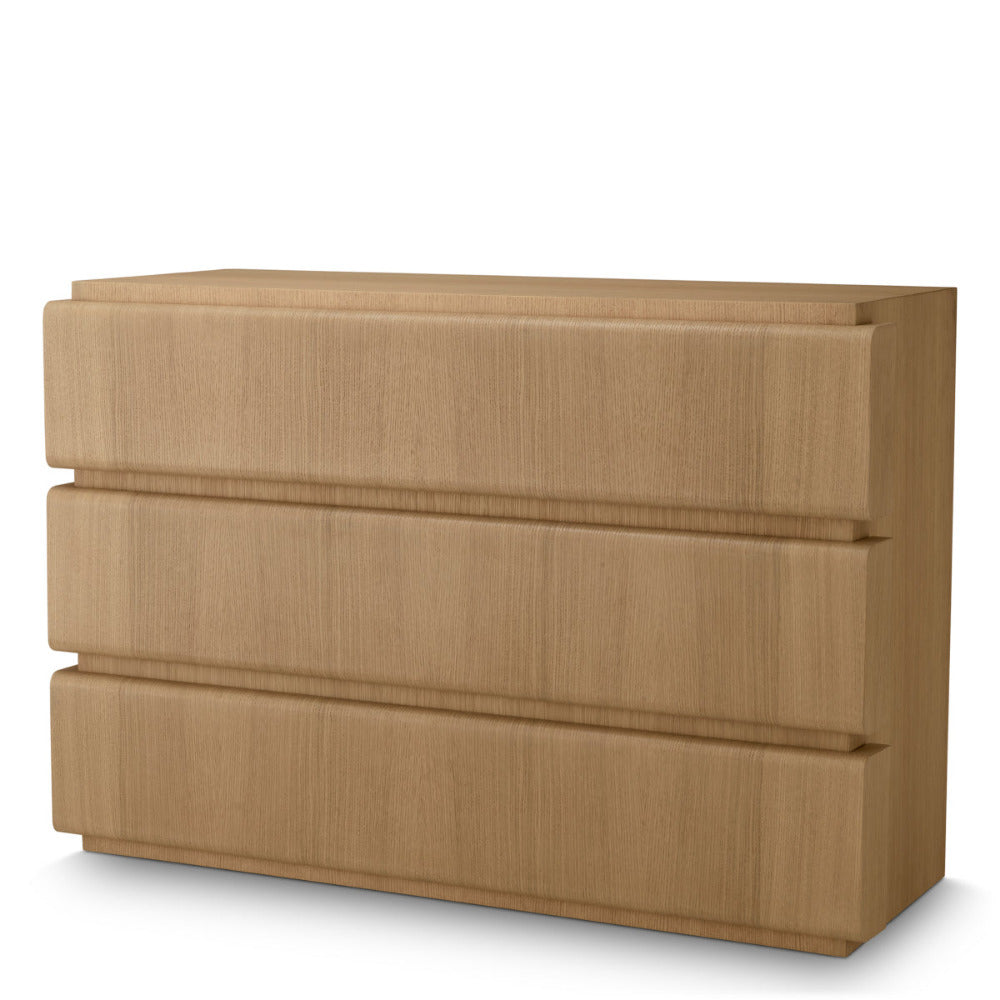 Wooden dresser with three drawers on a white background
