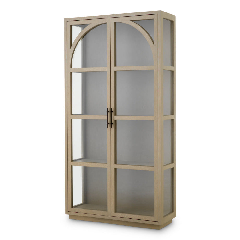 Beige display cabinet with glass panels on a white background