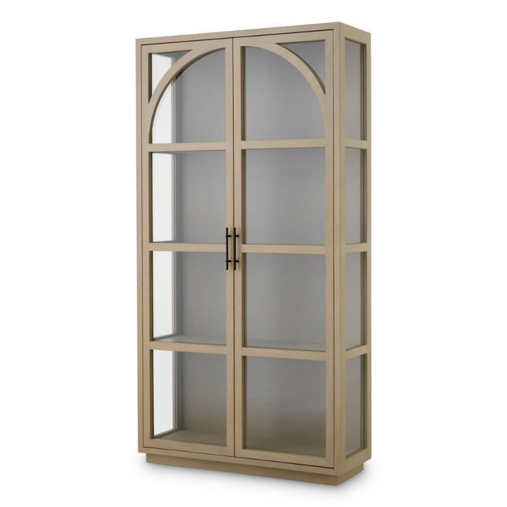Beige display cabinet with glass panels on a white background