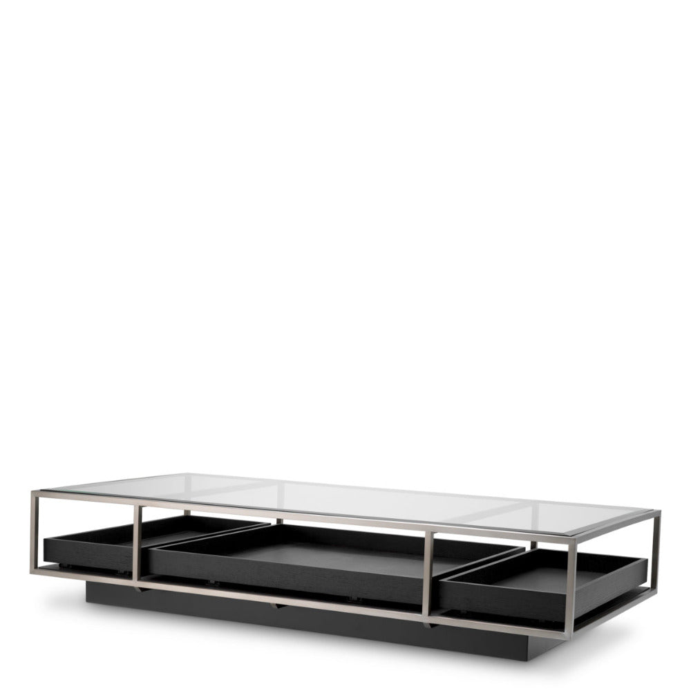 Modern coffee table with glass top and black storage drawers on a white background