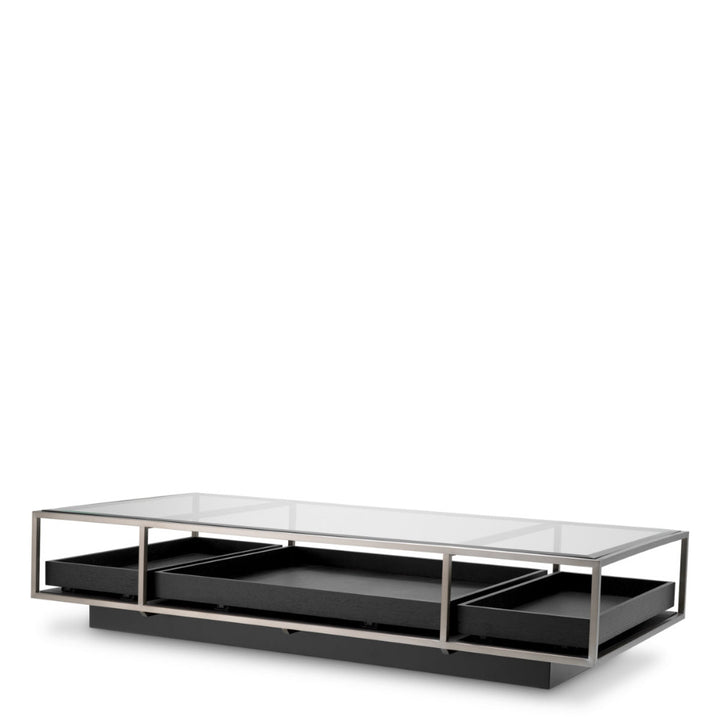 Modern coffee table with glass top and black storage drawers on a white background