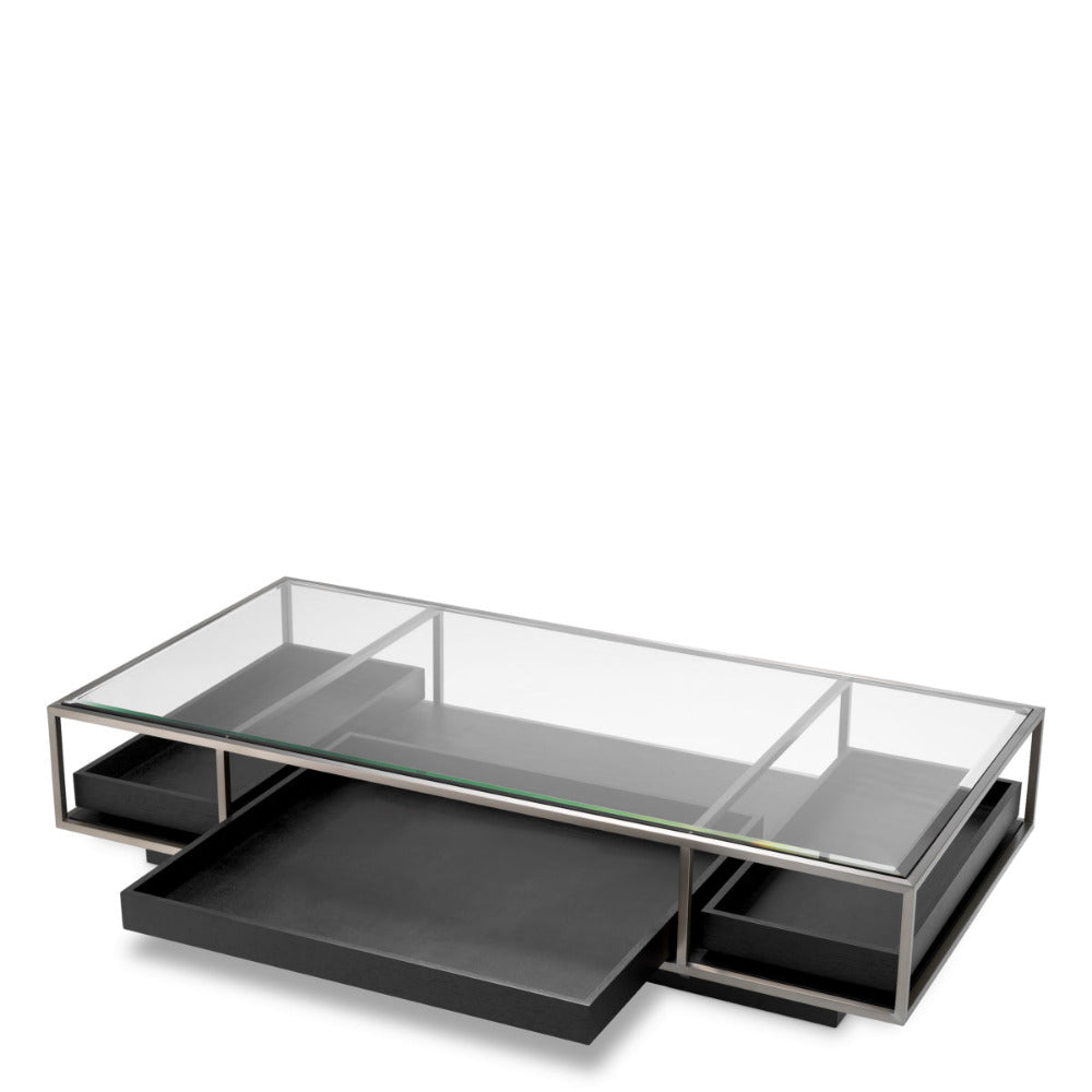 Modern coffee table with glass top and black base on a white background