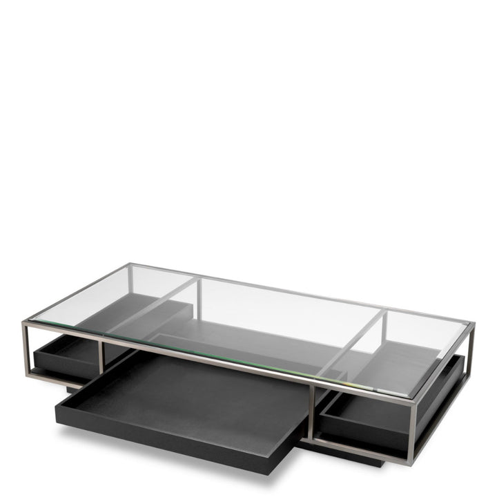 Modern coffee table with glass top and black base on a white background