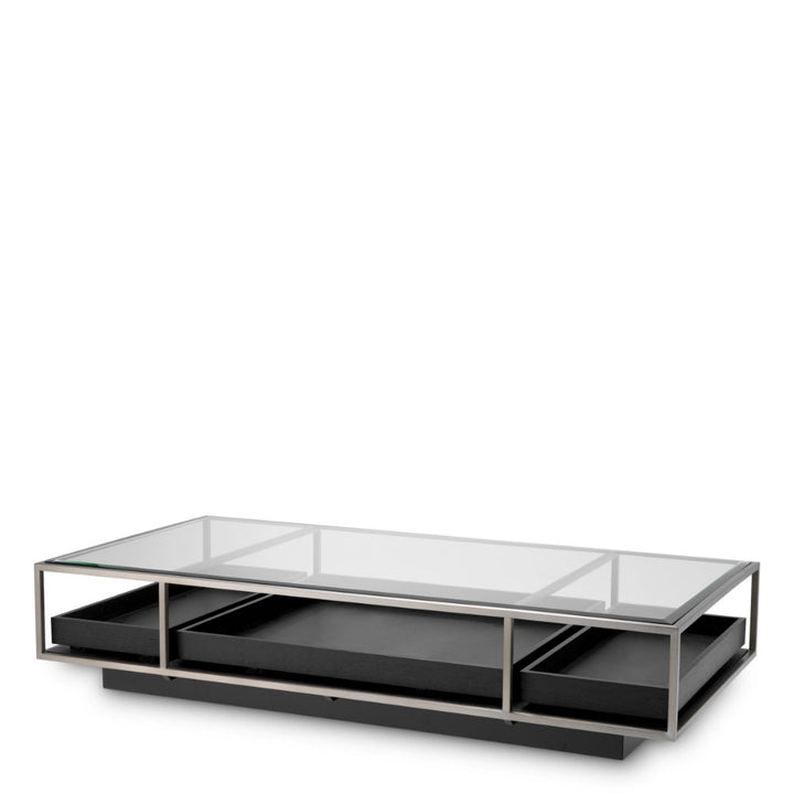 Modern coffee table with glass top and black base on a white background