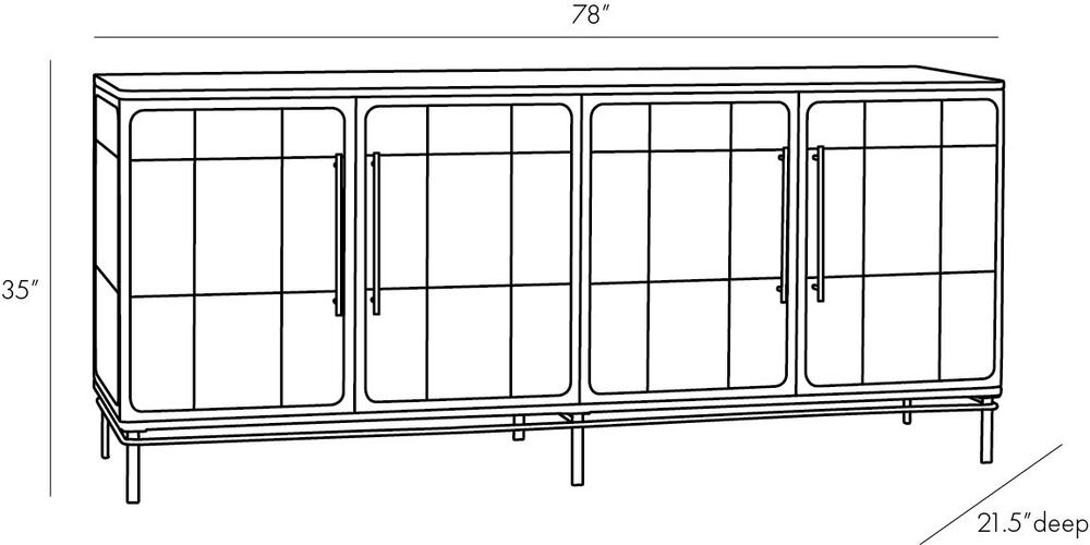 Line drawing of a sideboard with dimensions labeled
