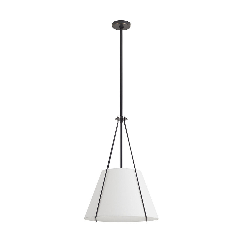 Pendant light with white shade and black frame on a white background