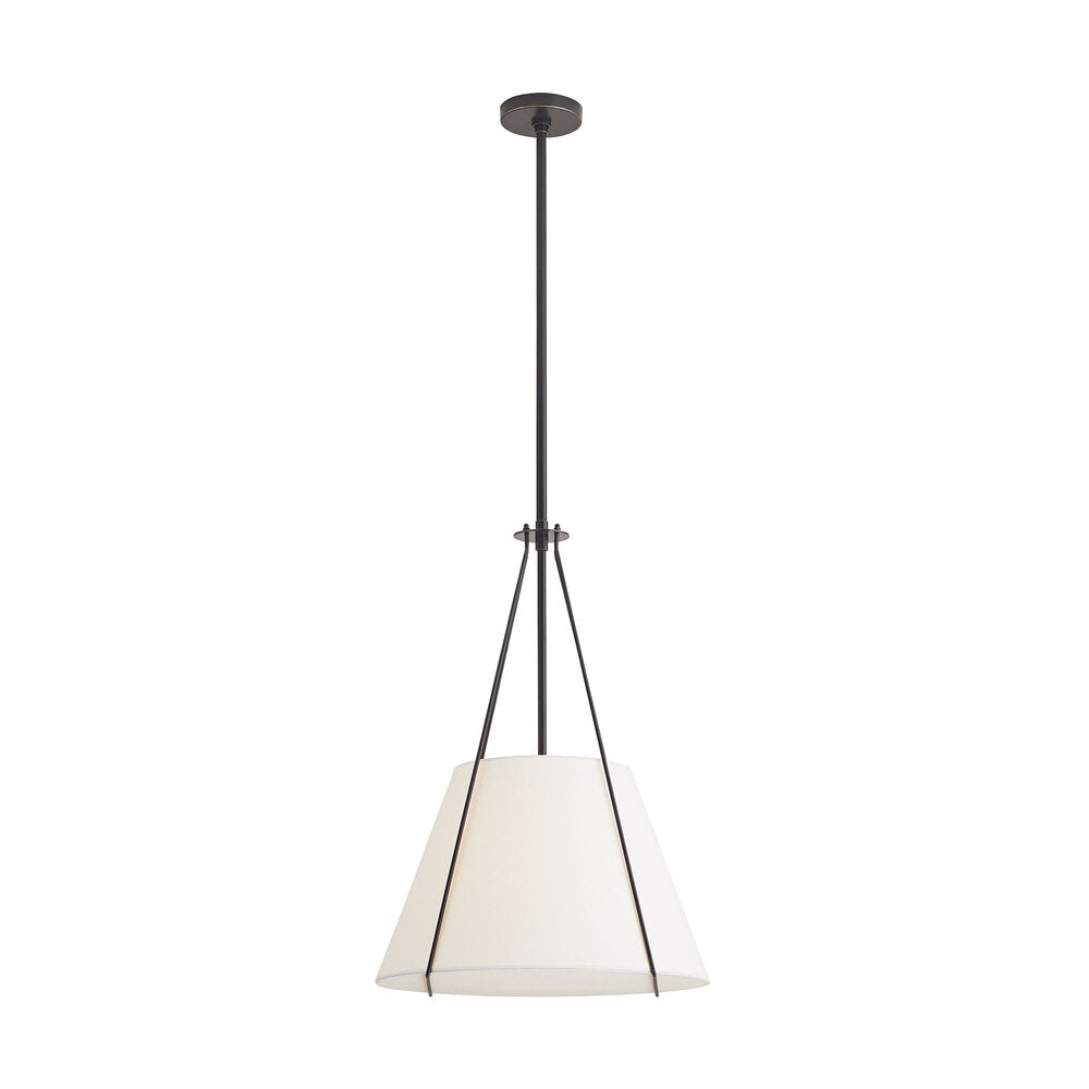 Pendant light with white shade and black fixture on a white background