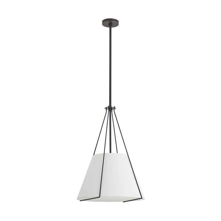 Pendant light with white shade and black metal fixture on a white background