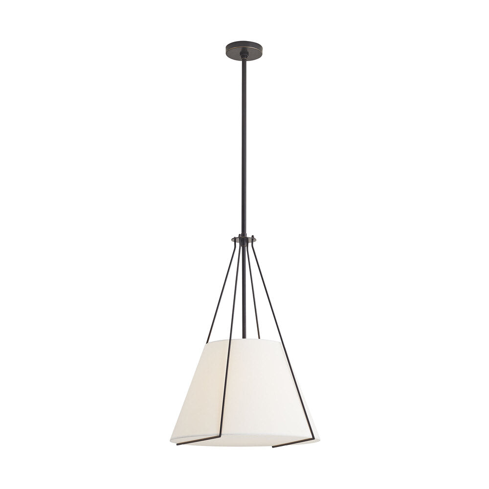 Pendant light with white shade and black metal fixture on a white background