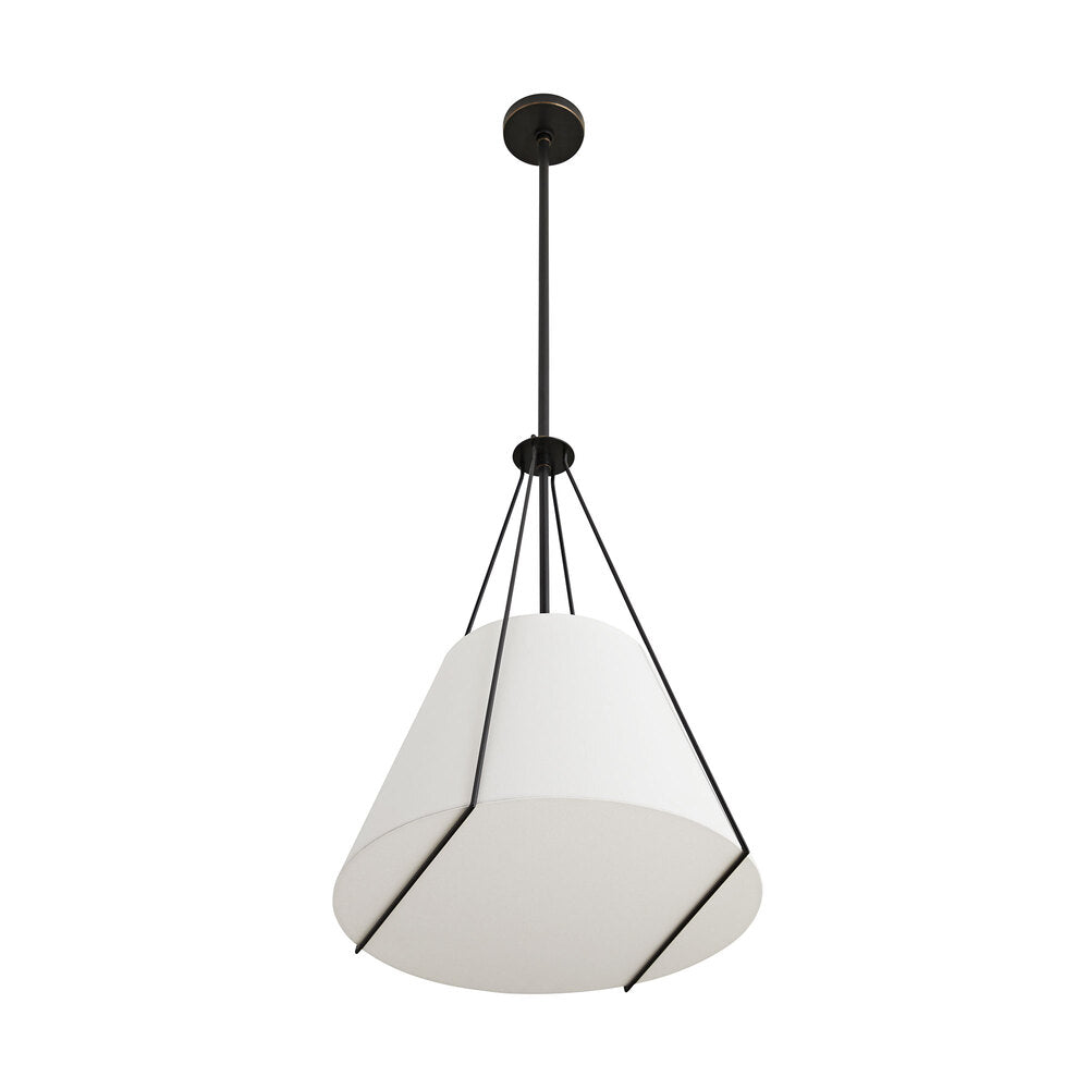 Modern pendant light with white shade and black fixture on a white background
