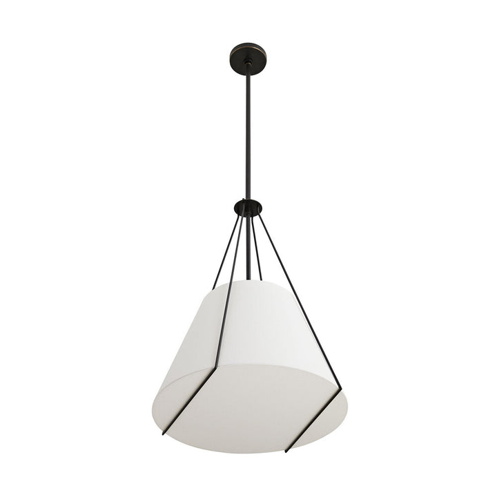 Modern pendant light with white shade and black fixture on a white background