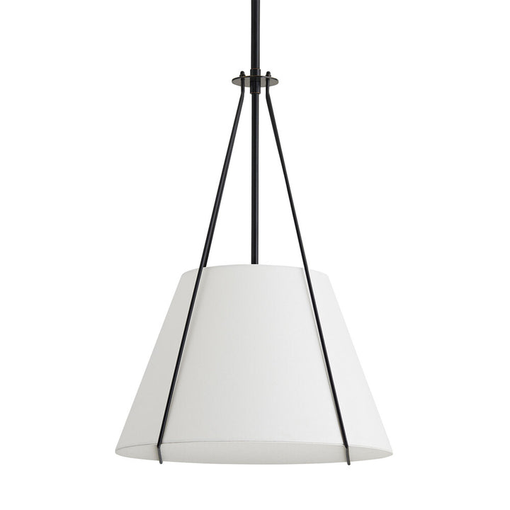White pendant light with black straps on a white background