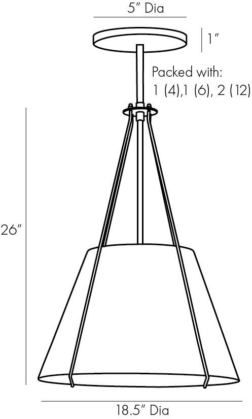 Line drawing of a pendant light with dimensions and packaging information.