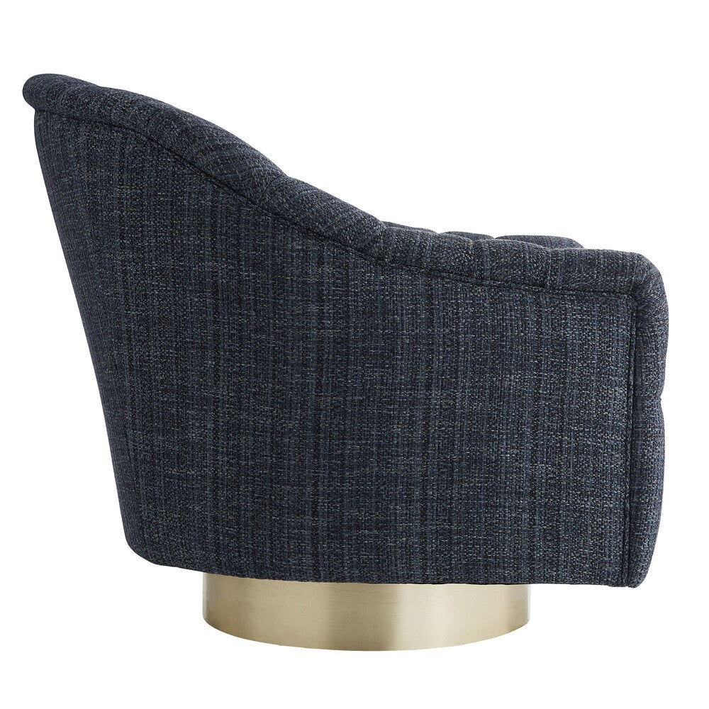 Dark gray upholstered chair with a gold base on a white background