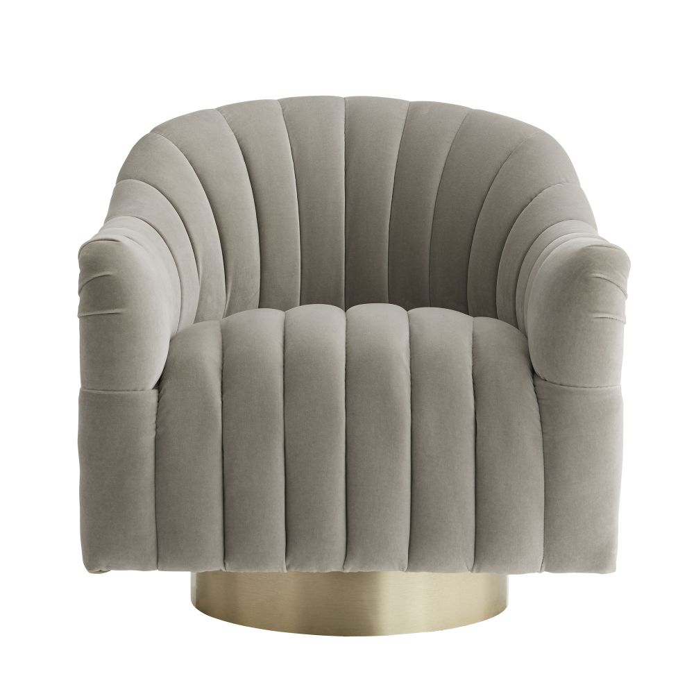 Gray tufted armchair with a gold base on a white background