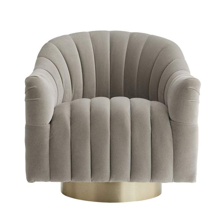 Gray tufted armchair with a gold base on a white background