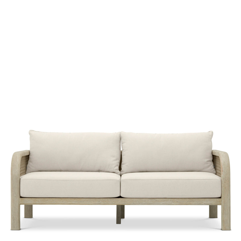 Beige outdoor sofa with light wooden frame on a white background