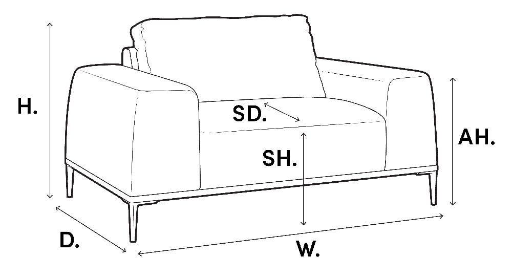 Diagram of a sofa with labeled dimensions
