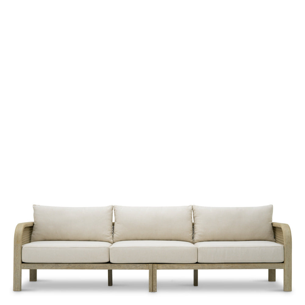 Beige outdoor sofa with wooden frame on a white background