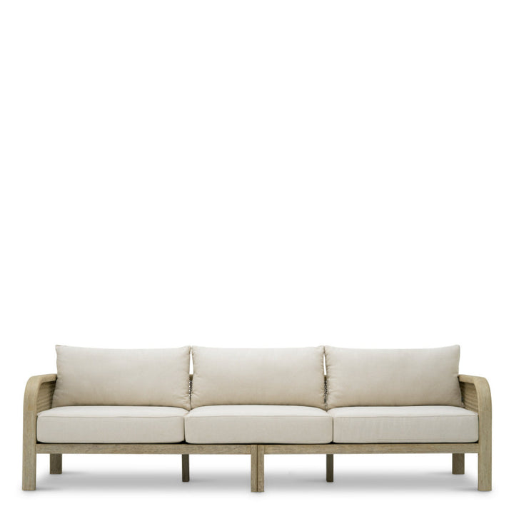 Beige outdoor sofa with wooden frame on a white background